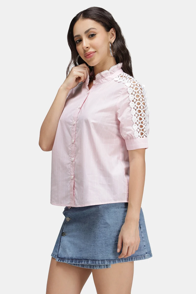 Namae|100% Cotton Stripe Lace Insert Mandarin Shirt