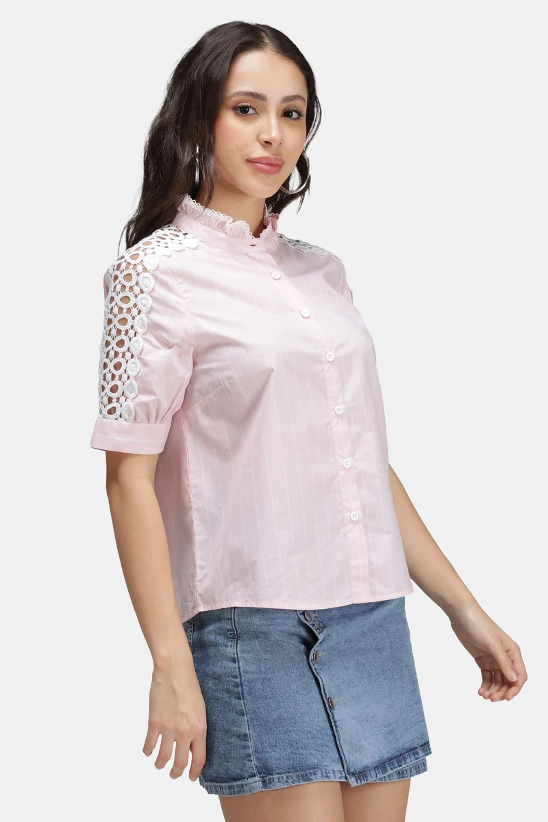 Namae|100% Cotton Stripe Lace Insert Mandarin Shirt