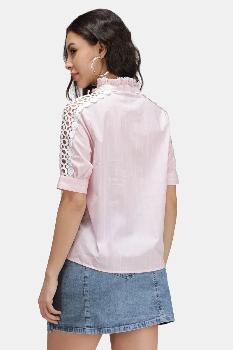 Namae|100% Cotton Stripe Lace Insert Mandarin Shirt