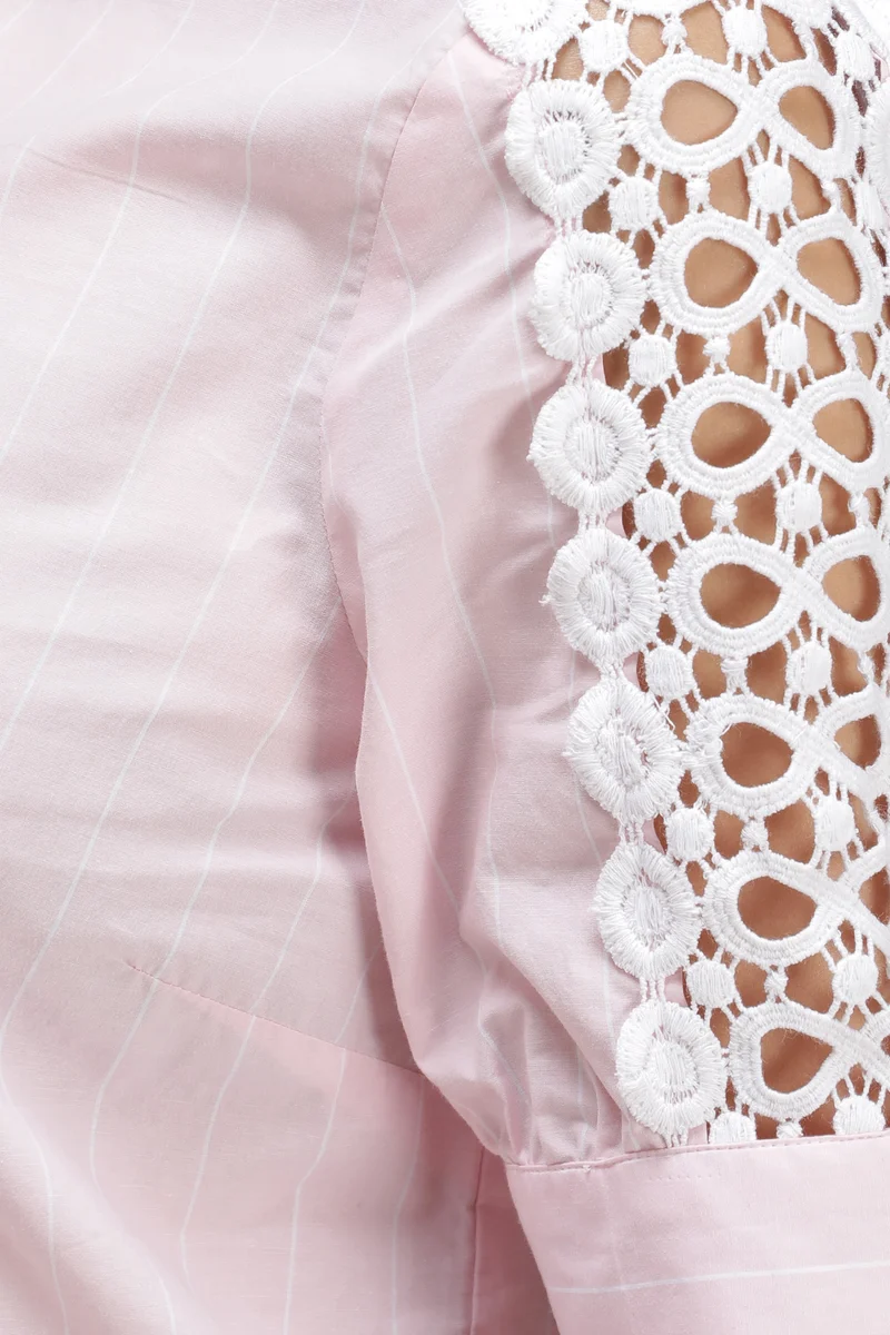 Namae|100% Cotton Stripe Lace Insert Mandarin Shirt