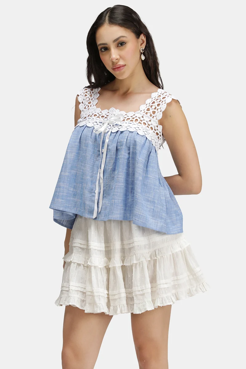 Imani|100% Cotton Lace Neck Baby Doll Top