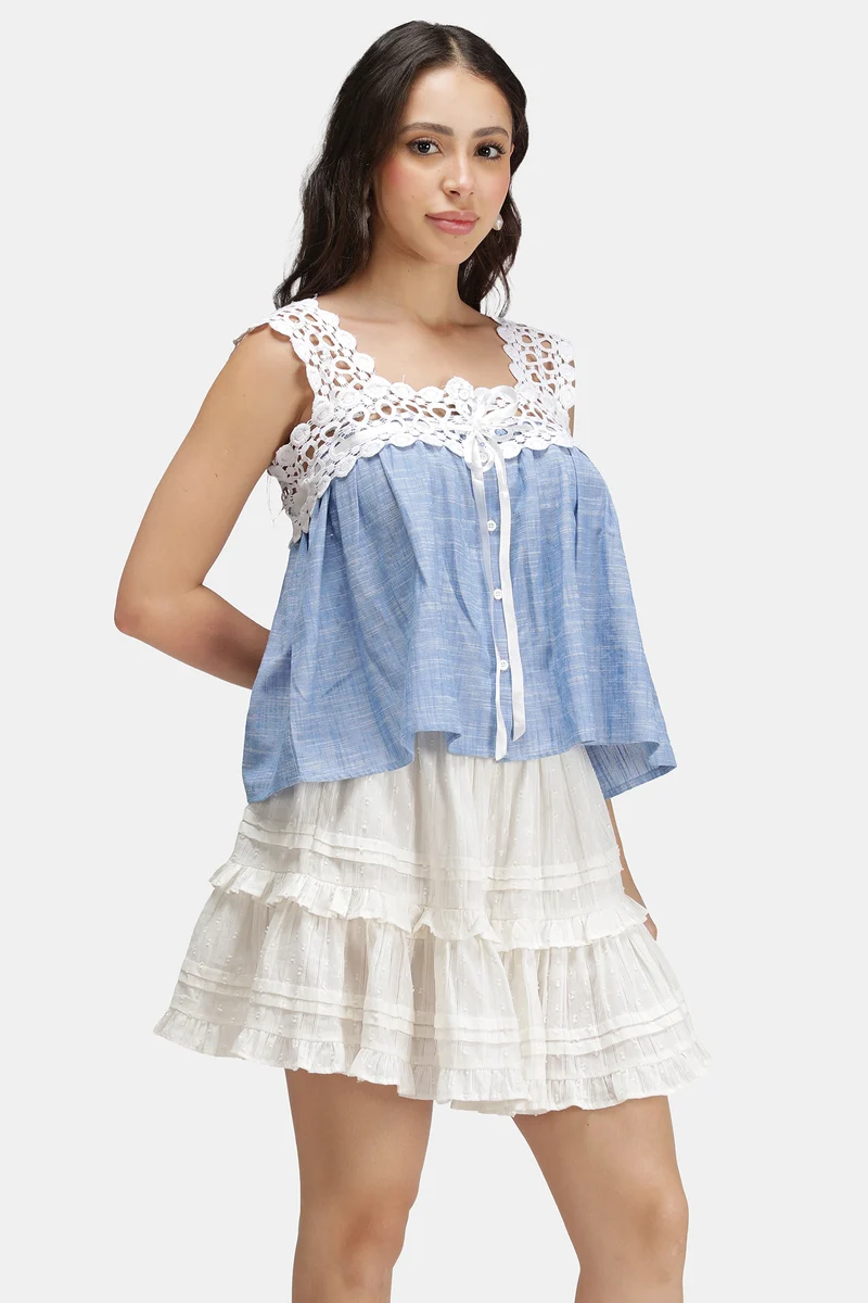 Imani|100% Cotton Lace Neck Baby Doll Top