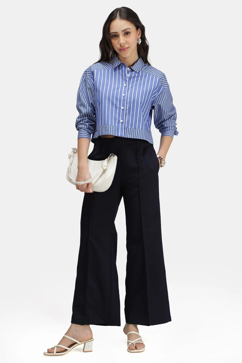 Elaine|100% Cotton Stripe Contrast Yoke Shirt