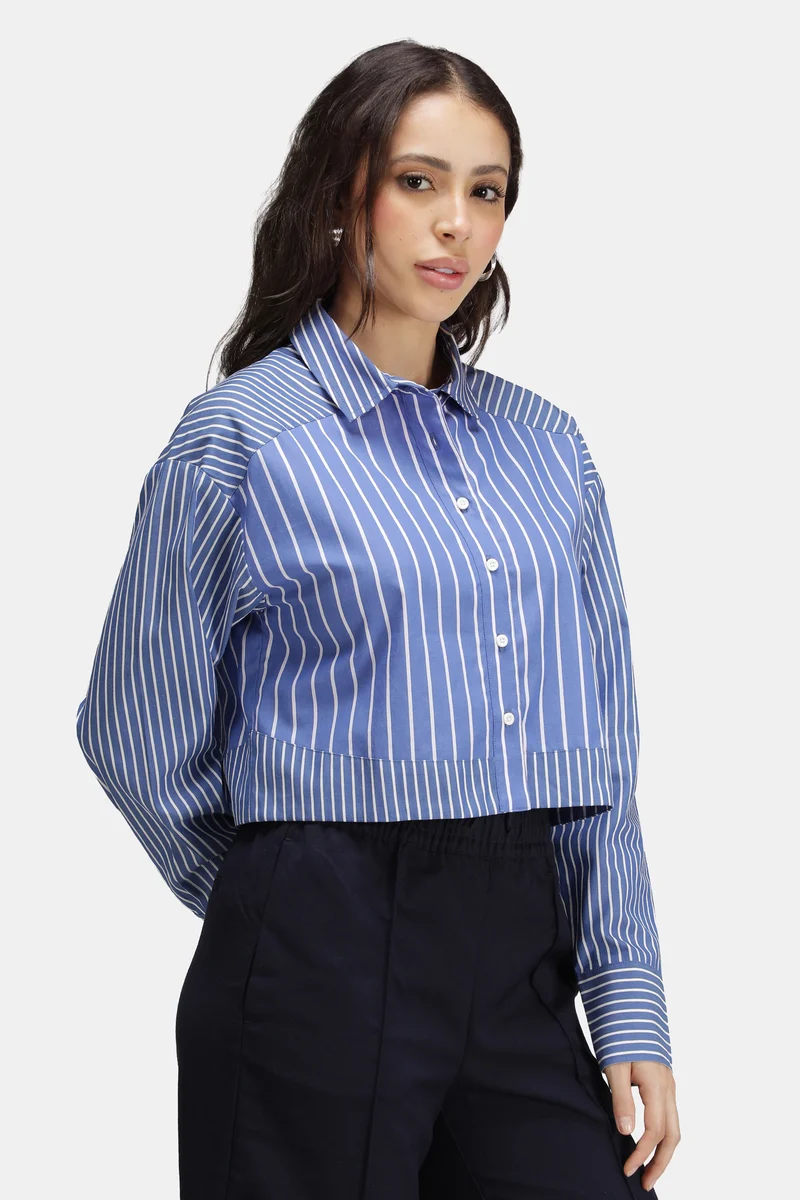 Elaine|100% Cotton Stripe Contrast Yoke Shirt