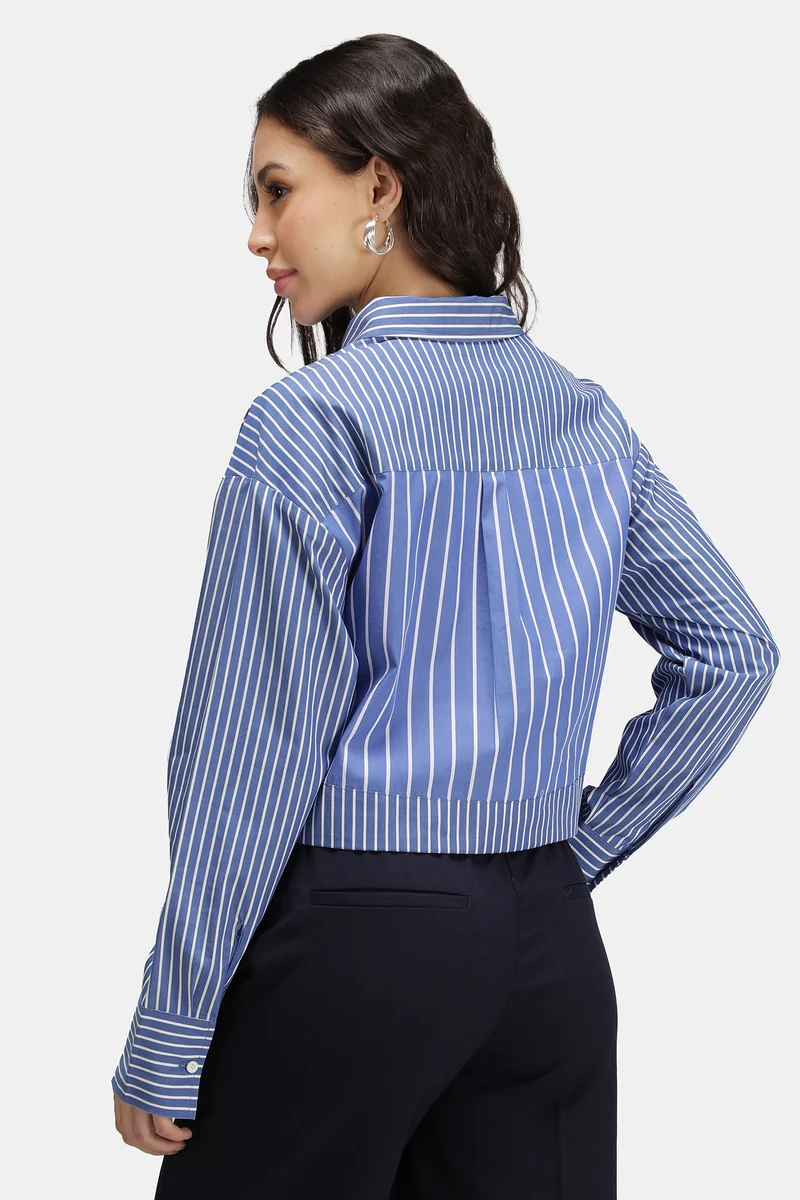 Elaine|100% Cotton Stripe Contrast Yoke Shirt