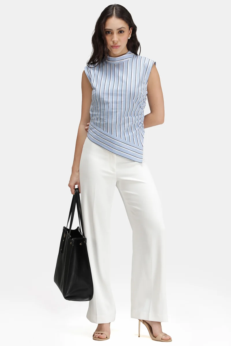 Roux|100% Cotton Stripe High Neck Asymmetric Top