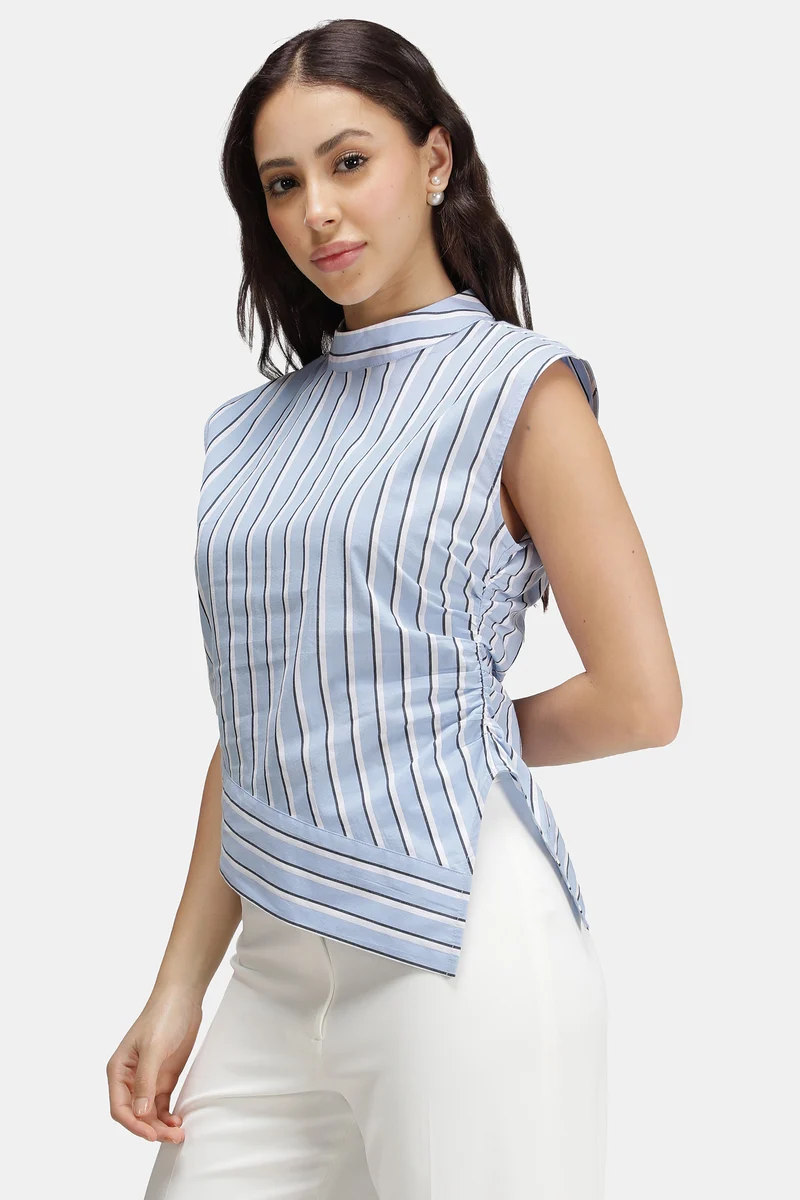 Roux|100% Cotton Stripe High Neck Asymmetric Top