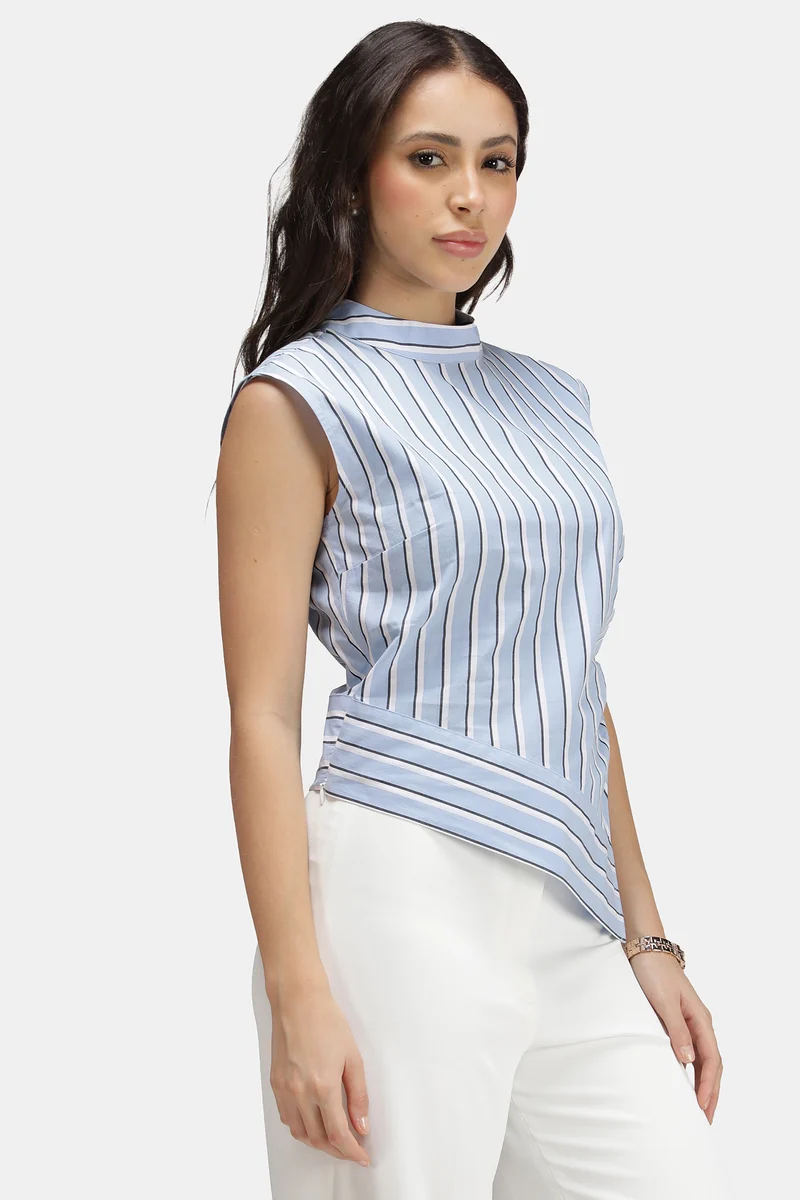 Roux|100% Cotton Stripe High Neck Asymmetric Top