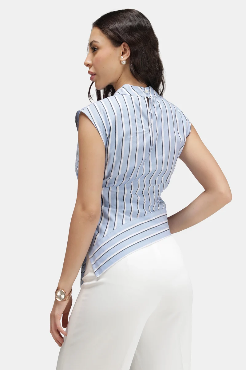 Roux|100% Cotton Stripe High Neck Asymmetric Top