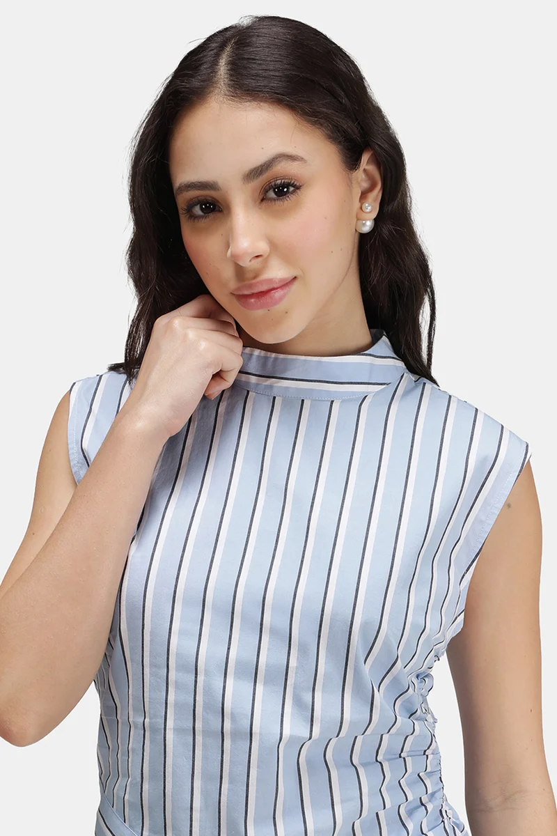 Roux|100% Cotton Stripe High Neck Asymmetric Top