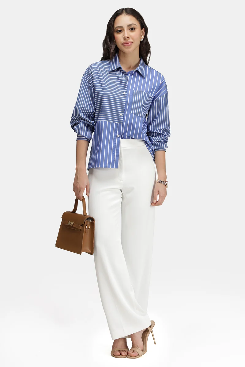 Kiri|100% Cotton Mixed Stripe Patchwork Shirt