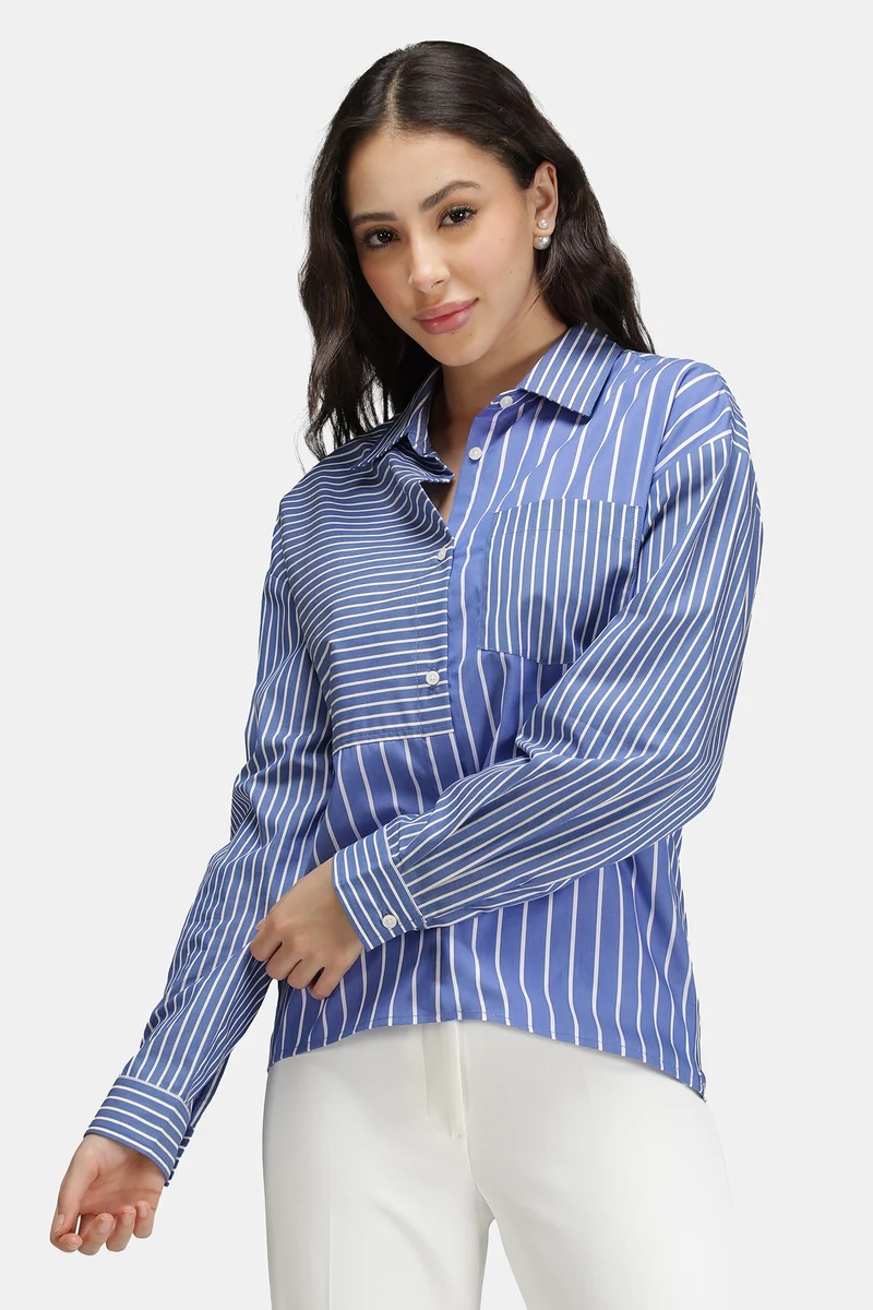 Kiri|100% Cotton Mixed Stripe Patchwork Shirt