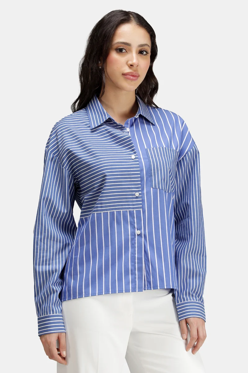 Kiri|100% Cotton Mixed Stripe Patchwork Shirt