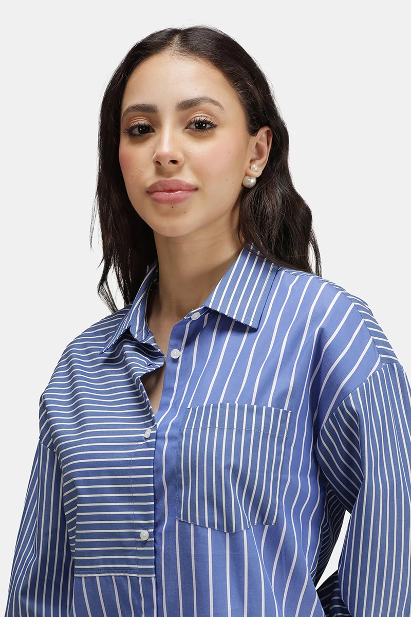 Kiri|100% Cotton Mixed Stripe Patchwork Shirt