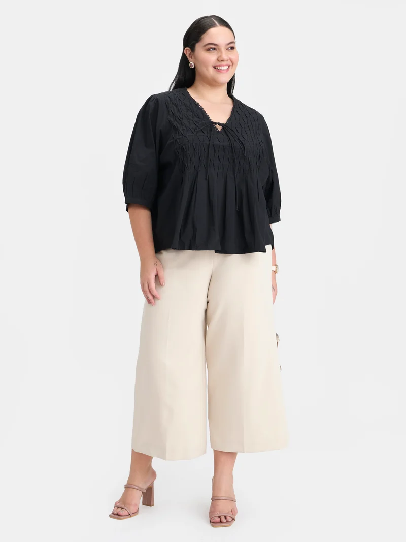 Roxana|100% Cotton Diagonal Tuck Detail Top