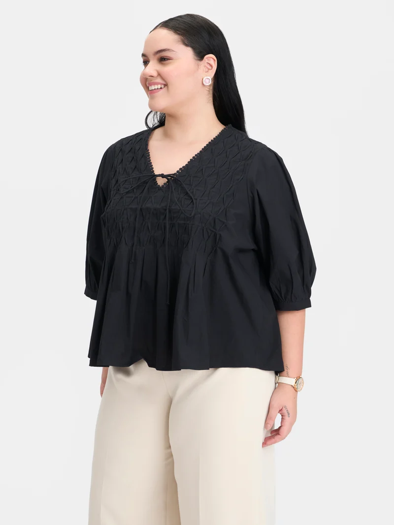 Roxana|100% Cotton Diagonal Tuck Detail Top