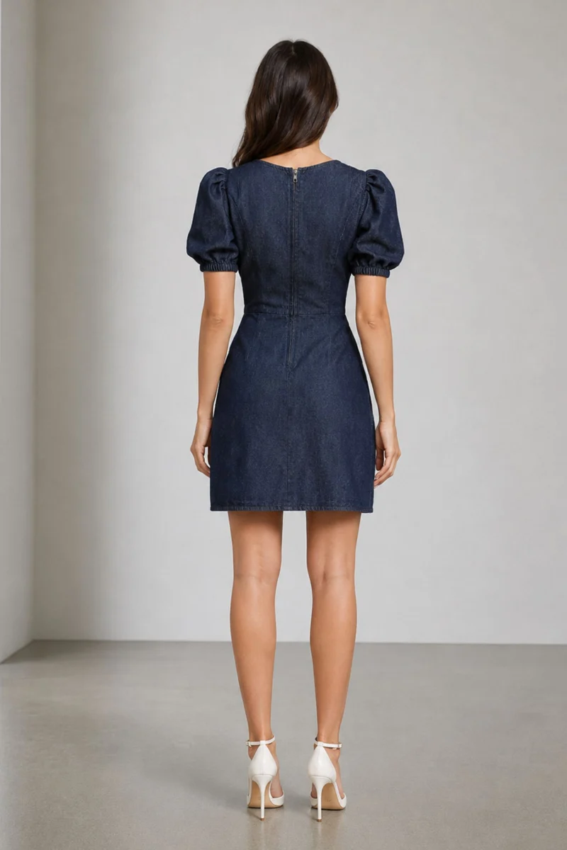 Nahla|100% Cotton Denim Pleated Mini Dress