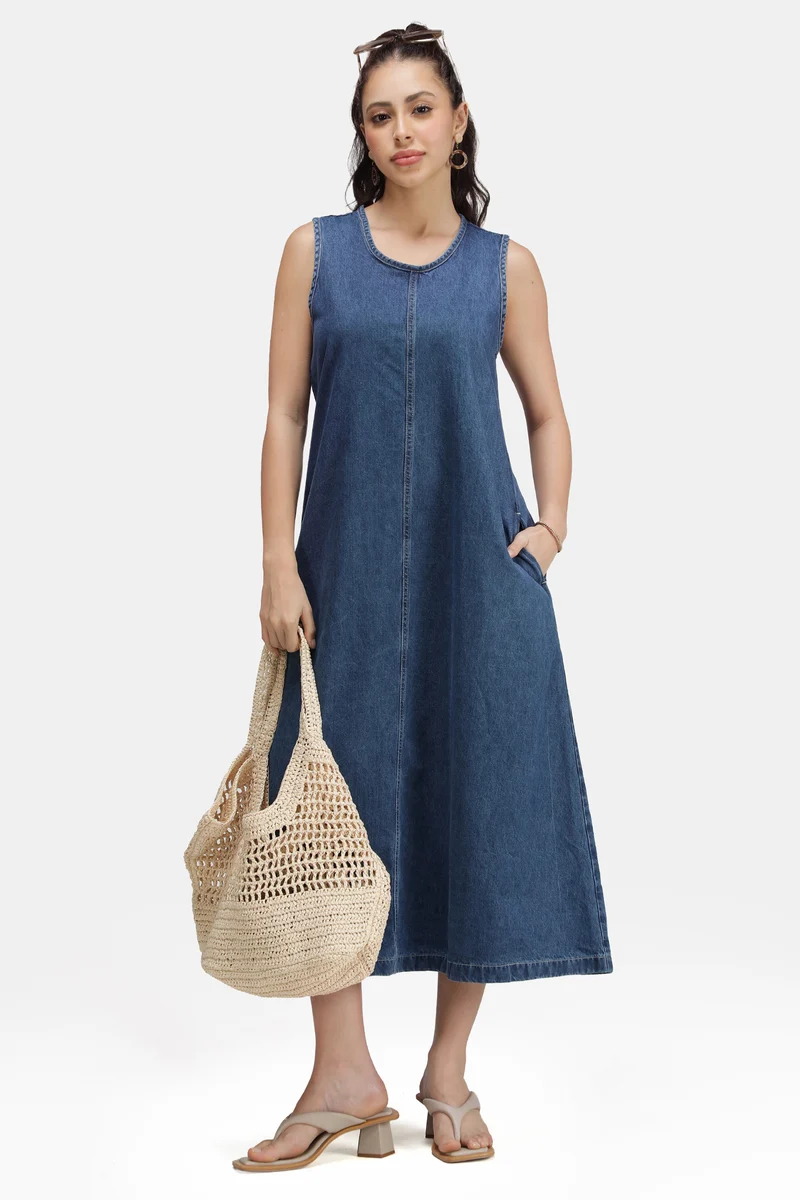 Leah |100% Cotton Denim Aline Midi Dress