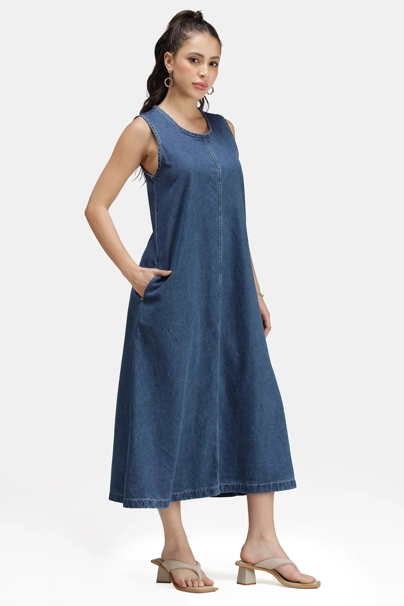 Leah |100% Cotton Denim Aline Midi Dress