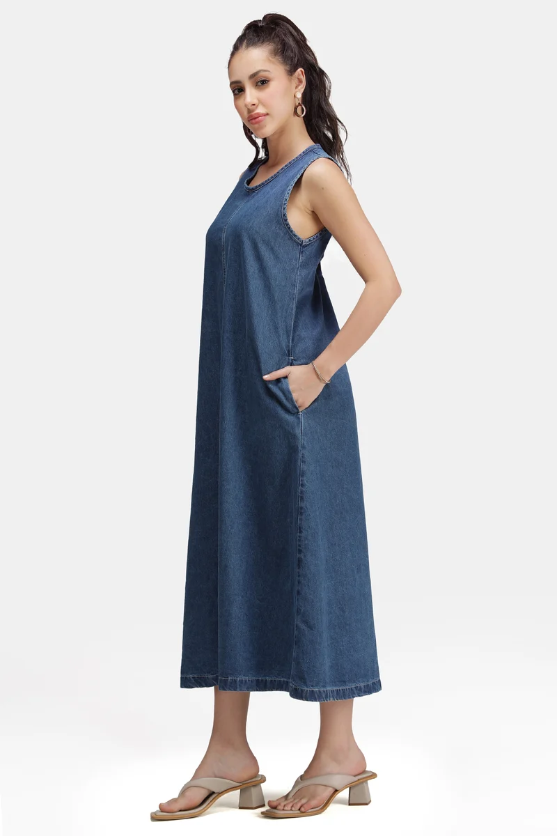 Leah |100% Cotton Denim Aline Midi Dress