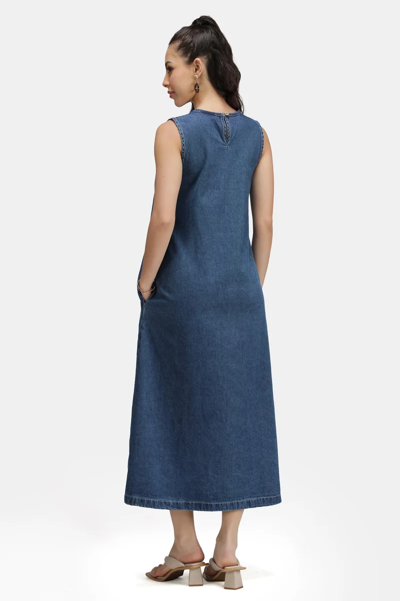 Leah |100% Cotton Denim Aline Midi Dress