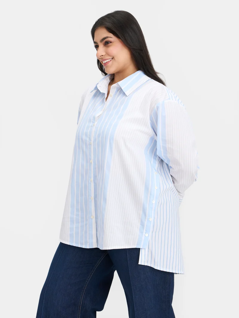 Darya|100% Cotton Striped Shirt Button Detail