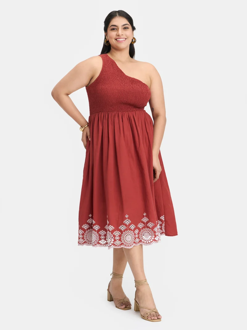 Laleh|100% Cotton Embroidered One-Shoulder Dress