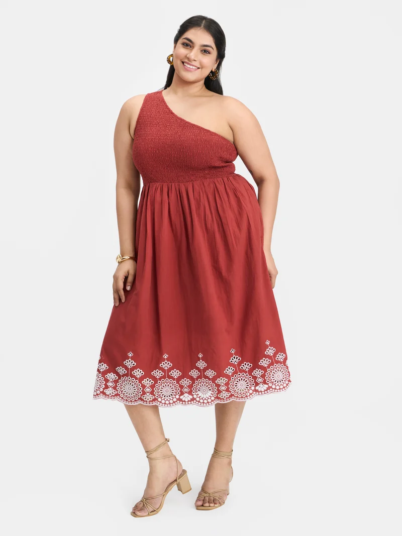 Laleh|100% Cotton Embroidered One-Shoulder Dress