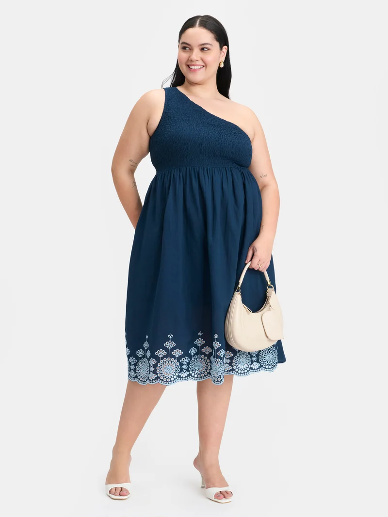 Shide|100% Cotton Embroidered One-Shoulder Dress