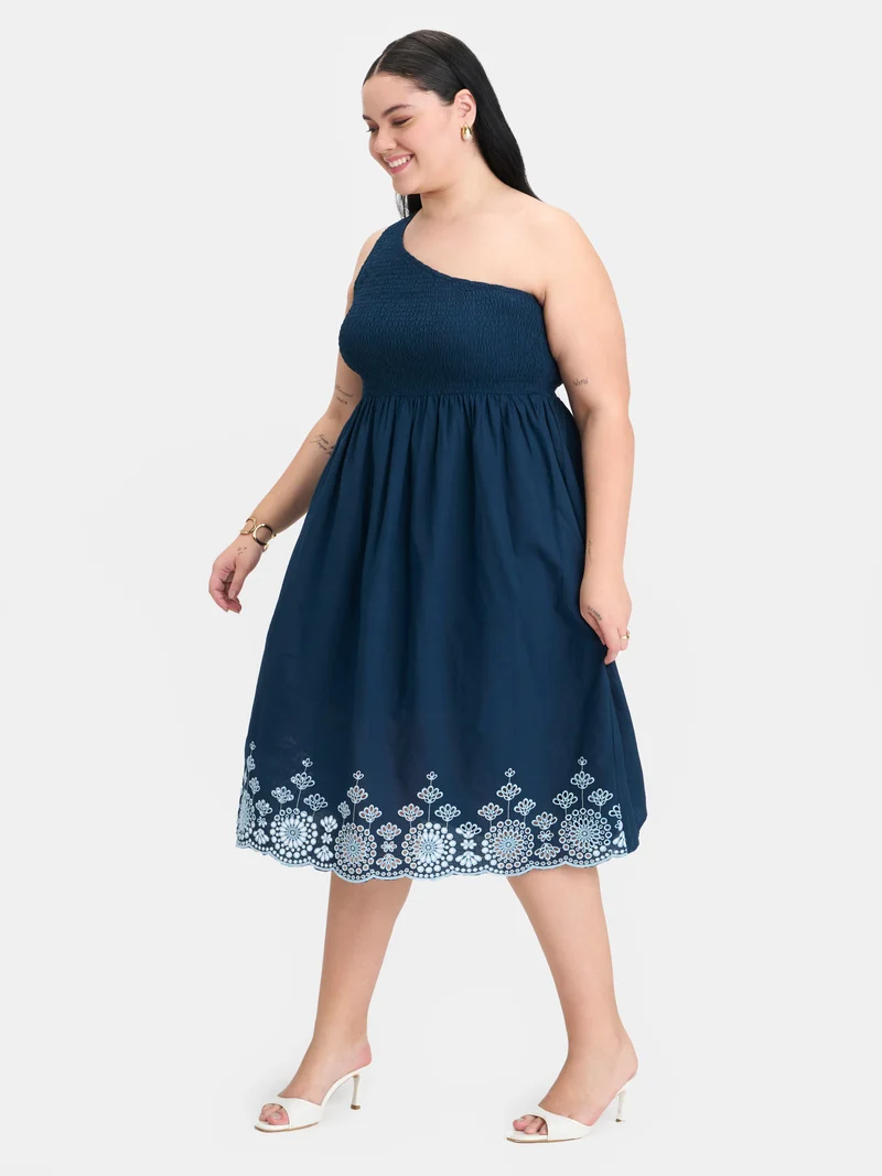 Shide|100% Cotton Embroidered One-Shoulder Dress