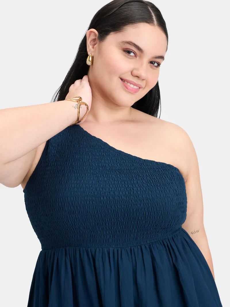 Shide|100% Cotton Embroidered One-Shoulder Dress