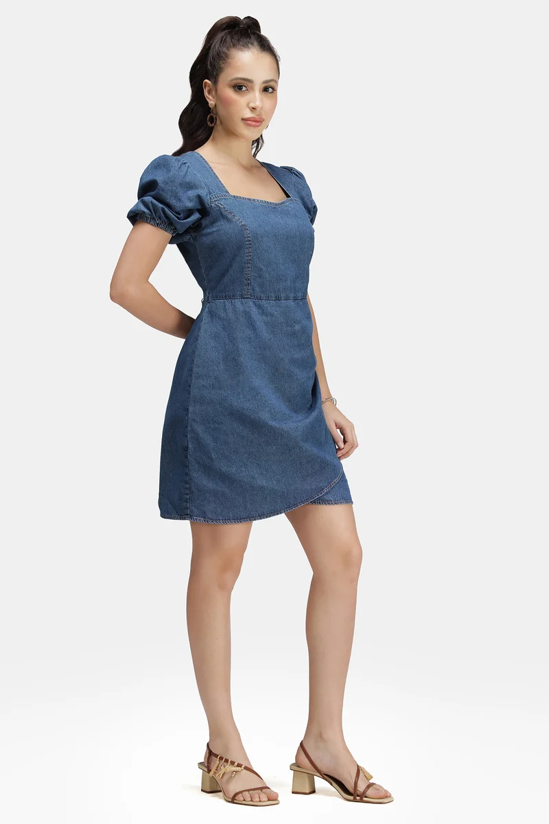 Meera|100% Cotton Denim Pleated Mini Dress