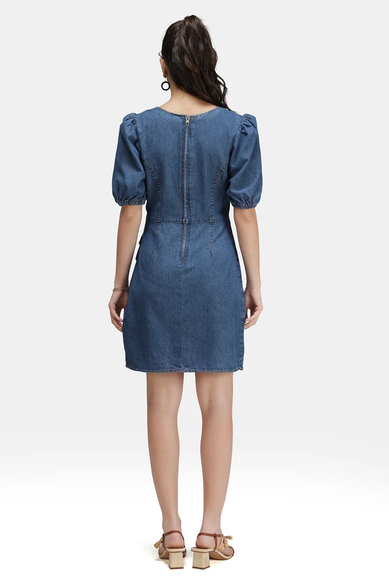 Meera|100% Cotton Denim Pleated Mini Dress