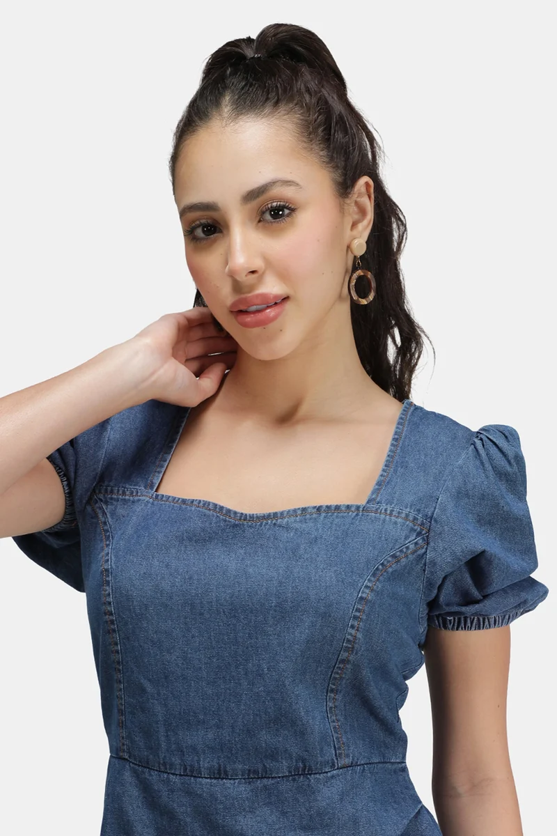 Meera|100% Cotton Denim Pleated Mini Dress