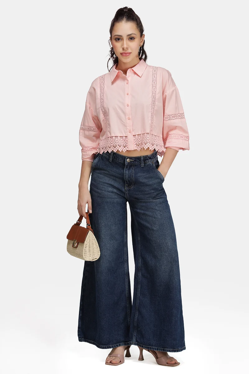 Mazra|100% Cotton Lace Crop Shirt