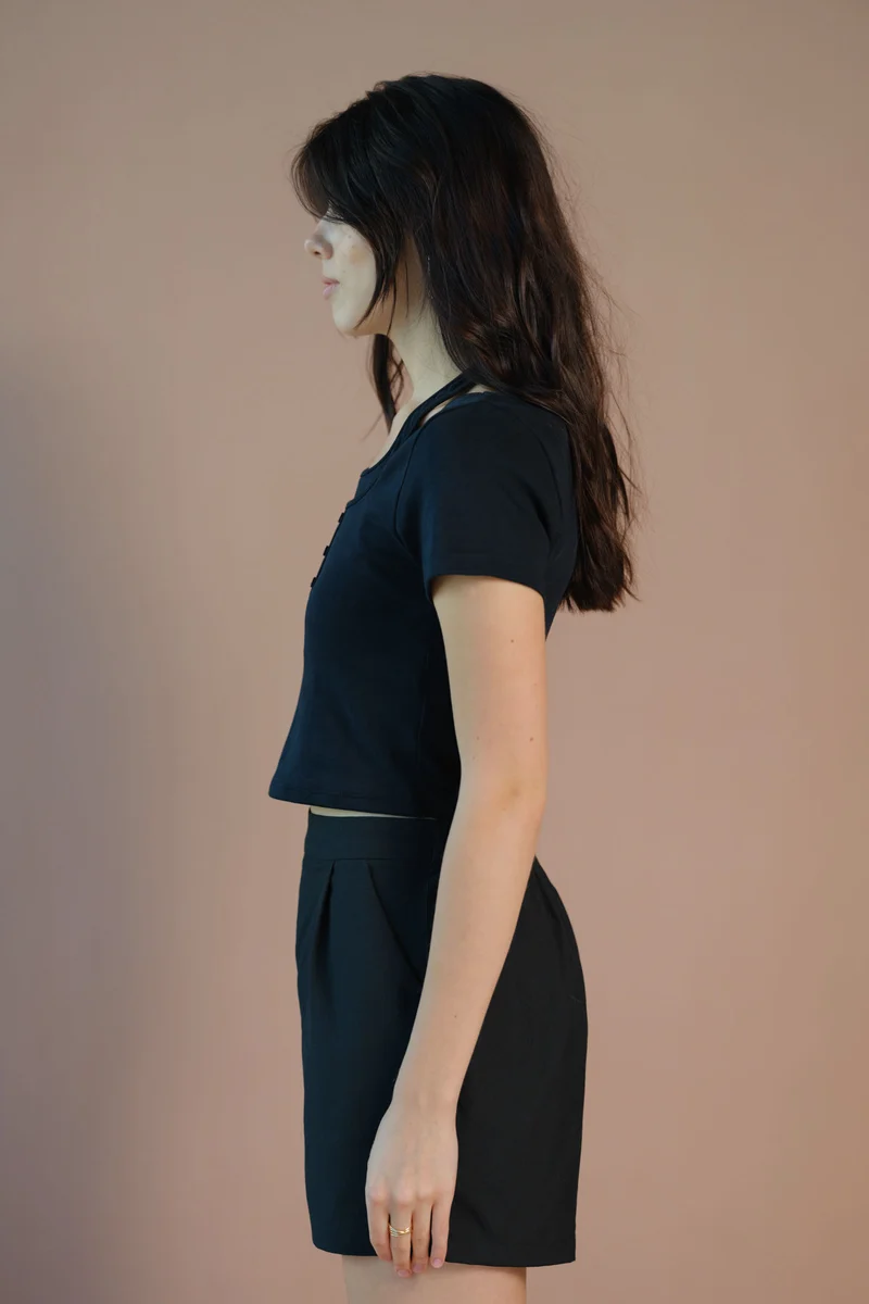 Benny|Cotton Stretch Black Halter Neck T-Shirt