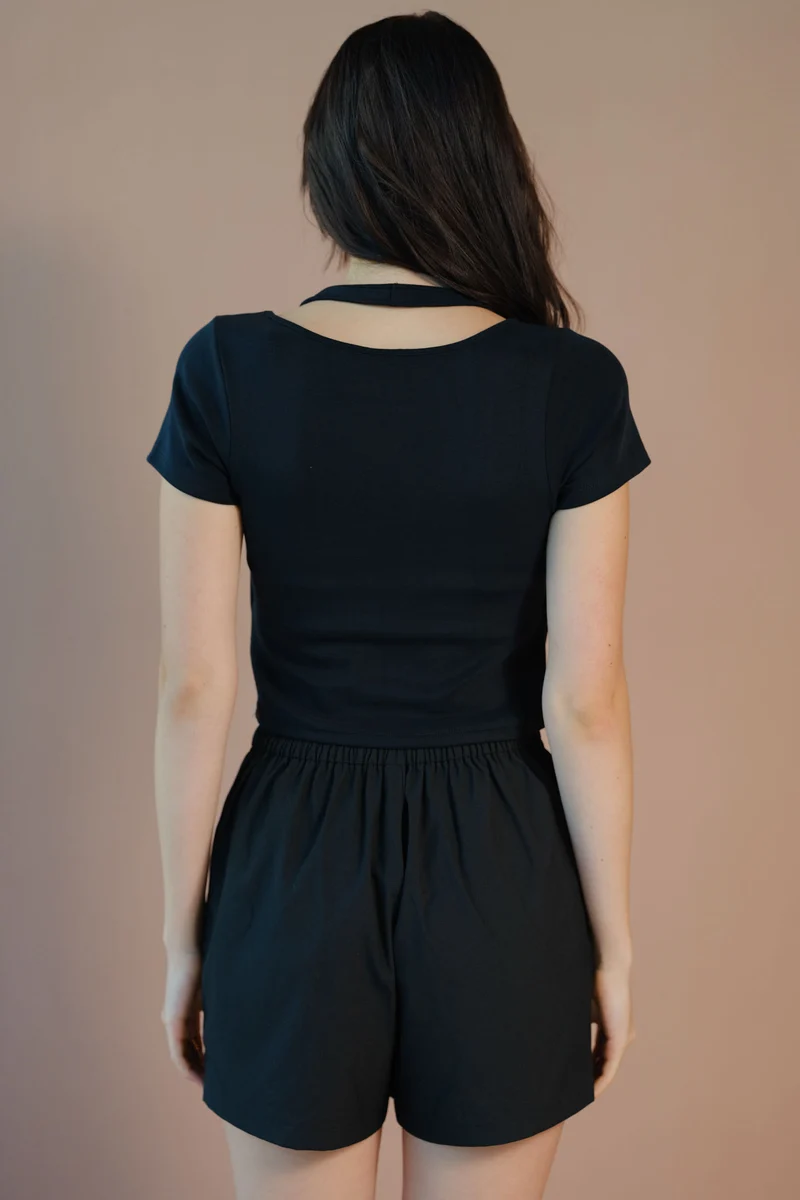 Benny|Cotton Stretch Black Halter Neck T-Shirt