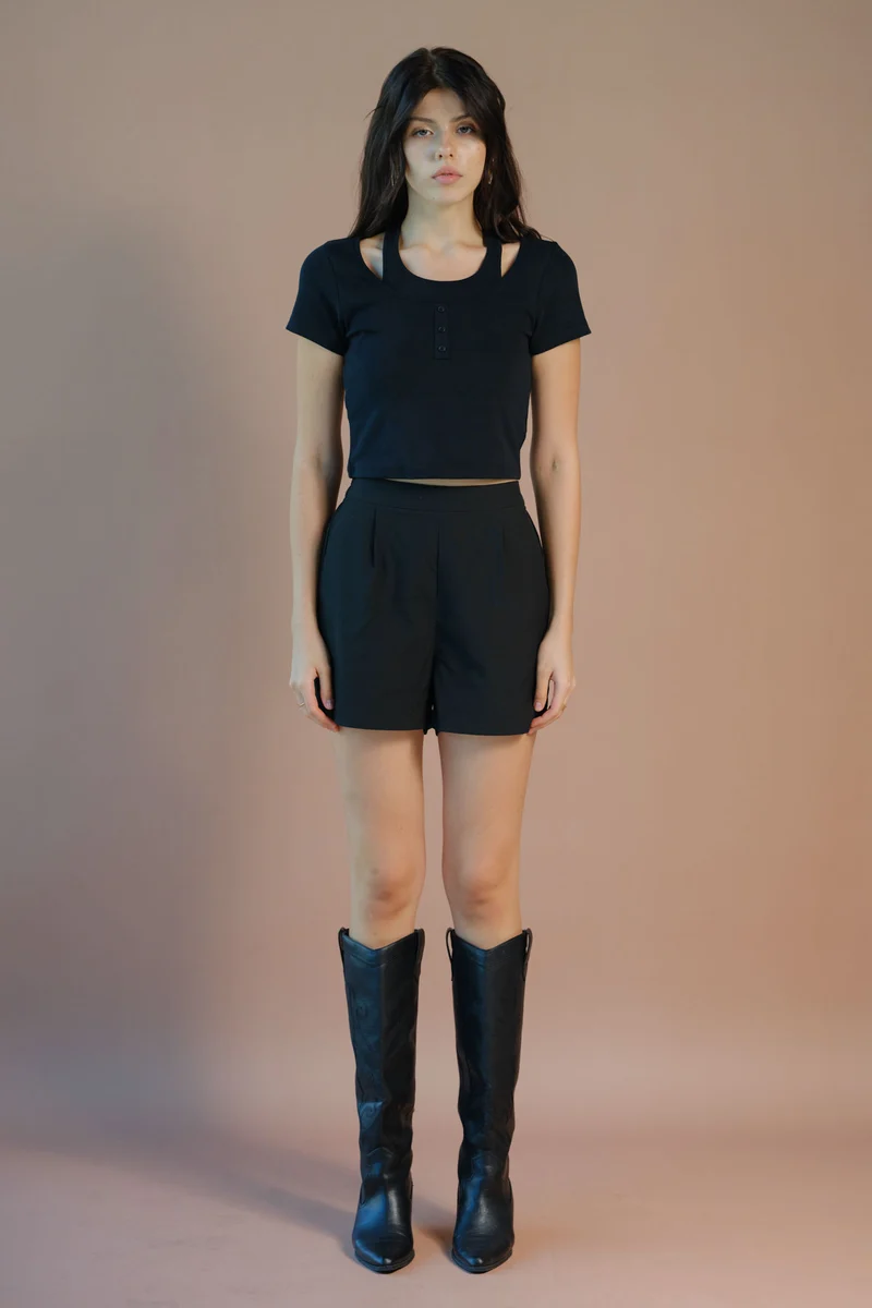 Benny|Cotton Stretch Black Halter Neck T-Shirt