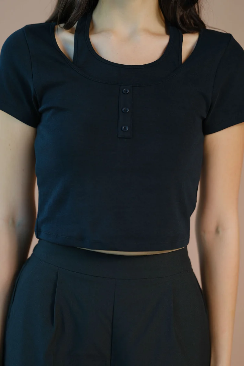 Benny|Cotton Stretch Black Halter Neck T-Shirt