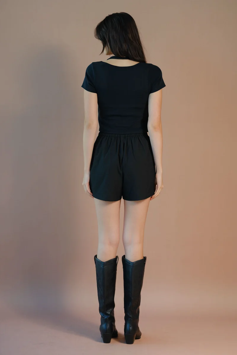 Benny|Cotton Stretch Black Halter Neck T-Shirt