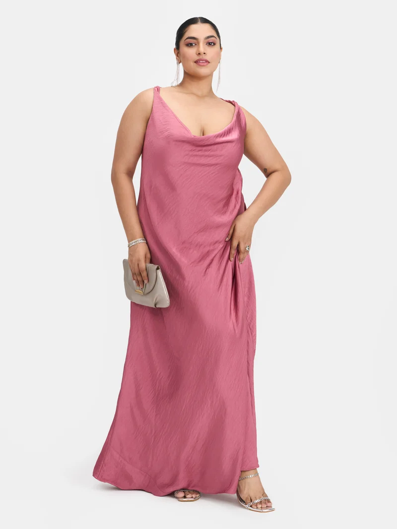 Auriel|Hammered Satin Cowl Neck Dress