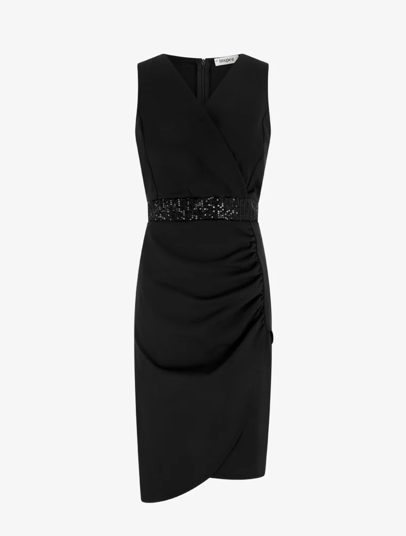 Robe portefeuille sans manches à sequins - Noir