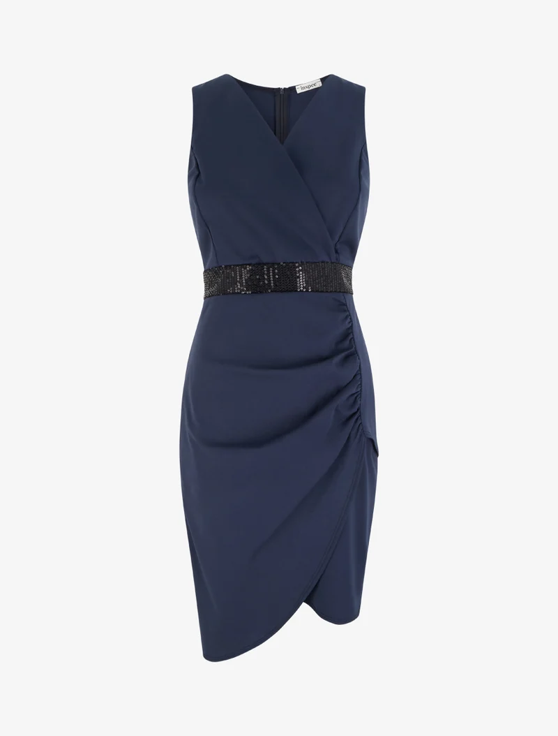 Robe portefeuille sans manches à sequins - Marine