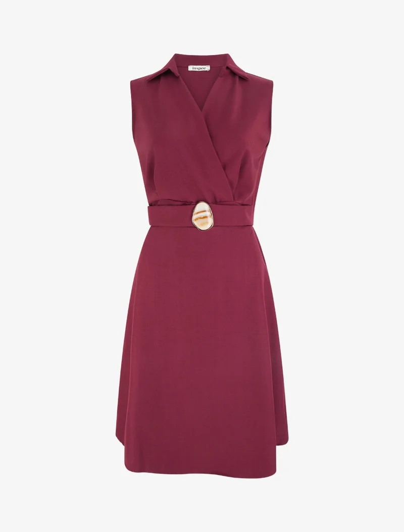 Robe patineuse sans manches à ceinture bijou - Lie de vin