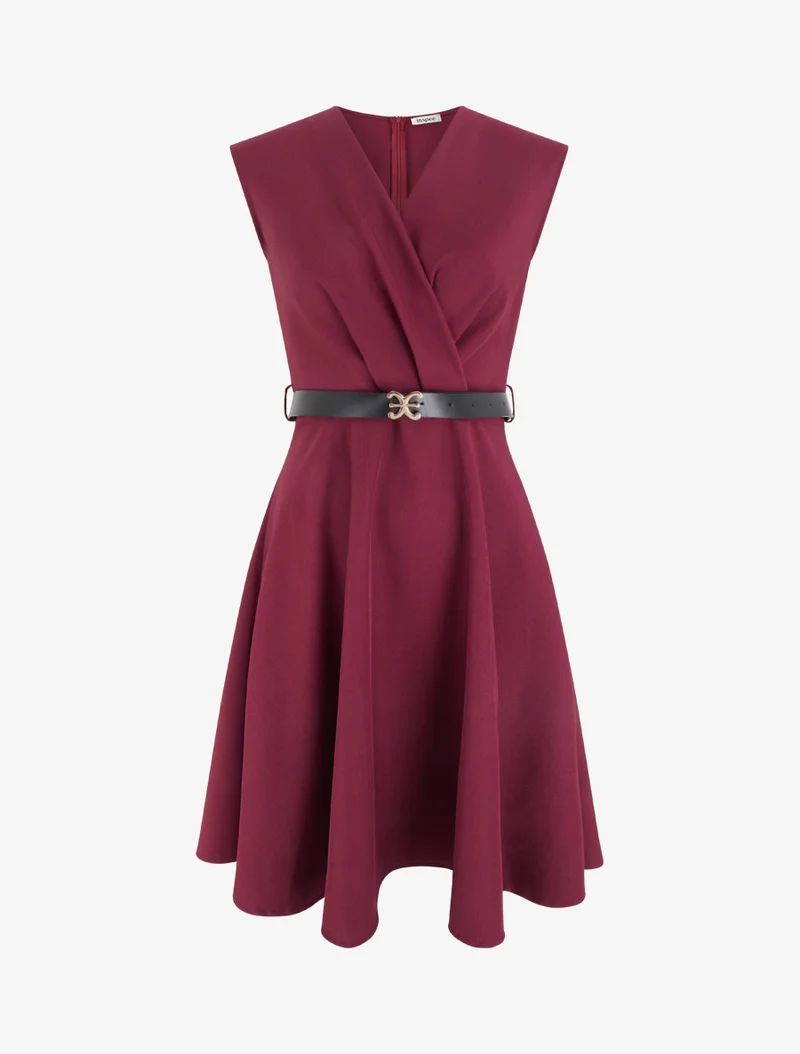 Robe patineuse sans manches à col cache-coeur - Lie de vin