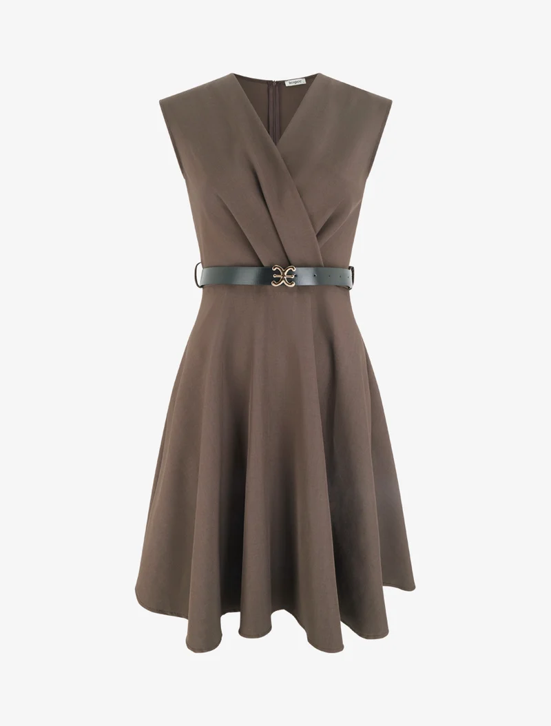Robe patineuse sans manches à col cache-coeur - Marron