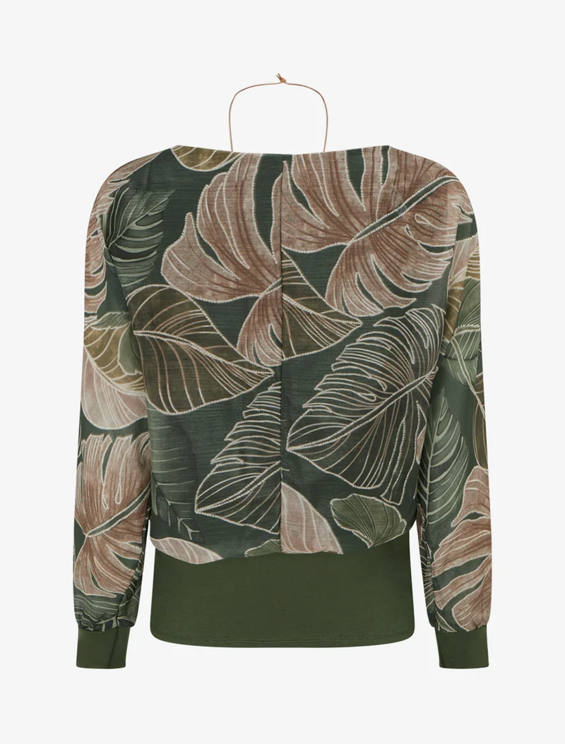 Top irisé imprimé tropical à manches chauve-souris - Kaki