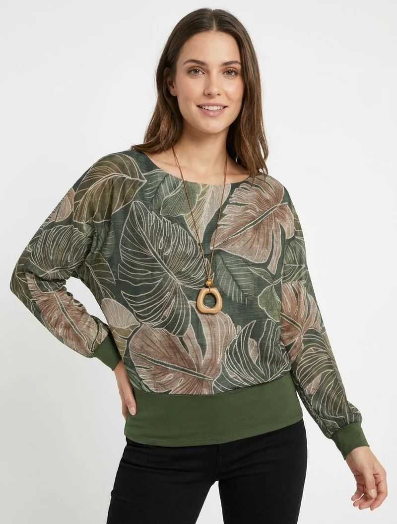 Top irisé imprimé tropical à manches chauve-souris - Kaki