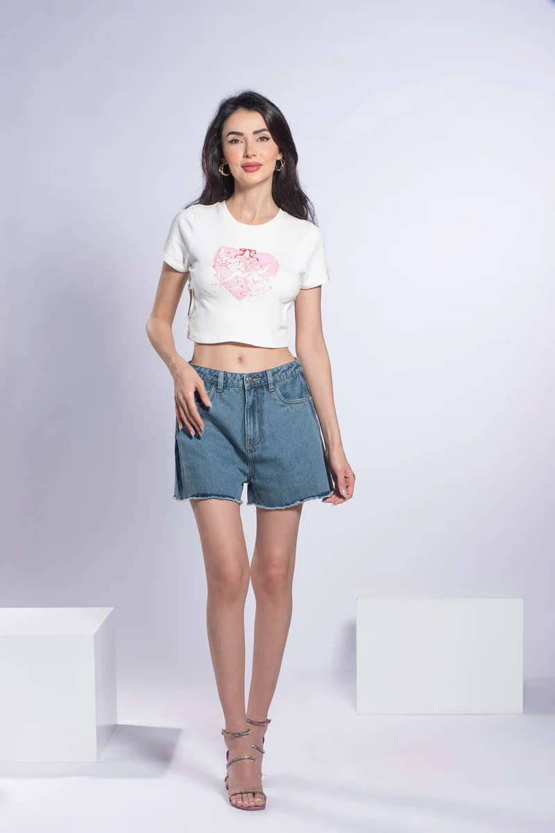 Snow|100% Cotton Heart Cutout Cropped T-Shirt