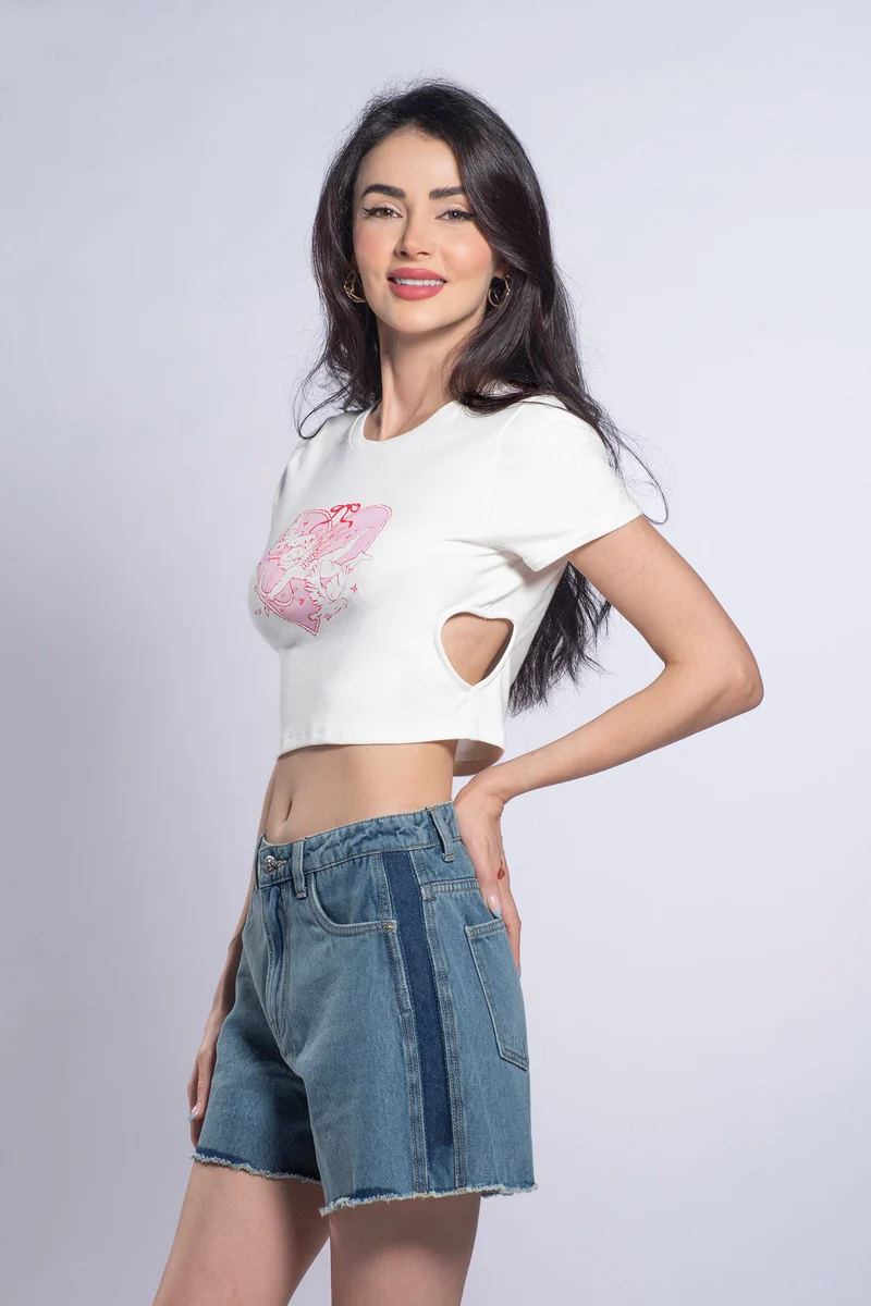 Snow|100% Cotton Heart Cutout Cropped T-Shirt